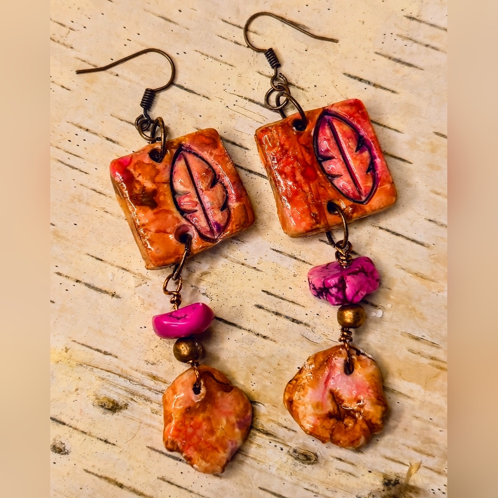Modern Primitive Orange & Pink Artifacts In Clay & Stone Earrings In Copper